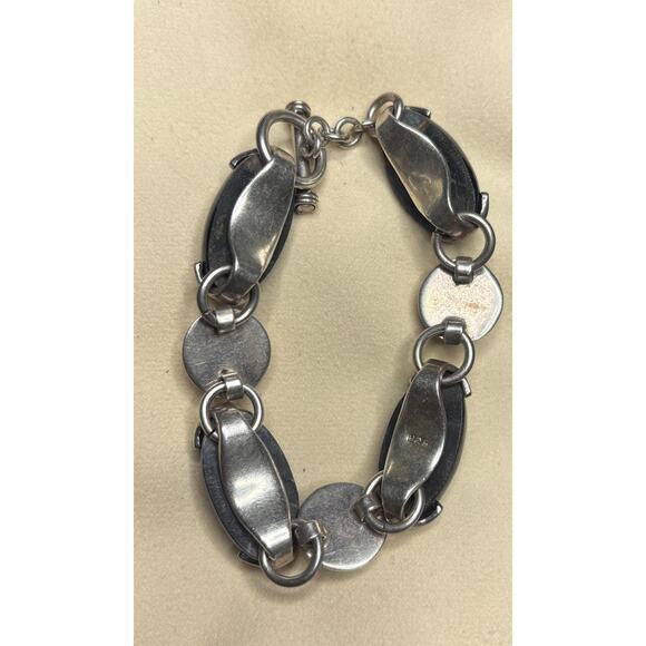 Vintage Sterling Silver Chunky Blue Sodalite Cabochon Link Toggle Bracelet - Picture 5 of 6